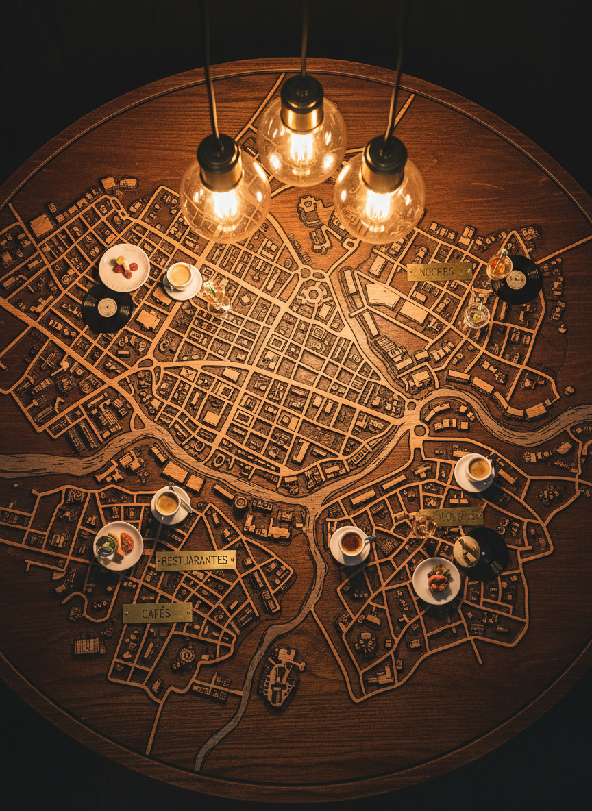 An overhead photographic view of an illustrated city map engraved on a dark wooden tabletop, each neighborhood subtly labeled with tiny metallic plaques reading “bares”, “cafés”, “restaurantes” and “noches”. Small, realistic miniatures of plates, cocktail glasses, espresso cups, and vinyl records mark key spots on the map, casting soft, believable shadows. Warm pendant lighting from above bathes the scene in a golden evening glow, enhancing wood grain and metal reflections. The composition is clean yet detailed, with sharp focus across the frame, creating an energetic, exploratory mood that evokes a bold, design-forward local guide without showing any humans.