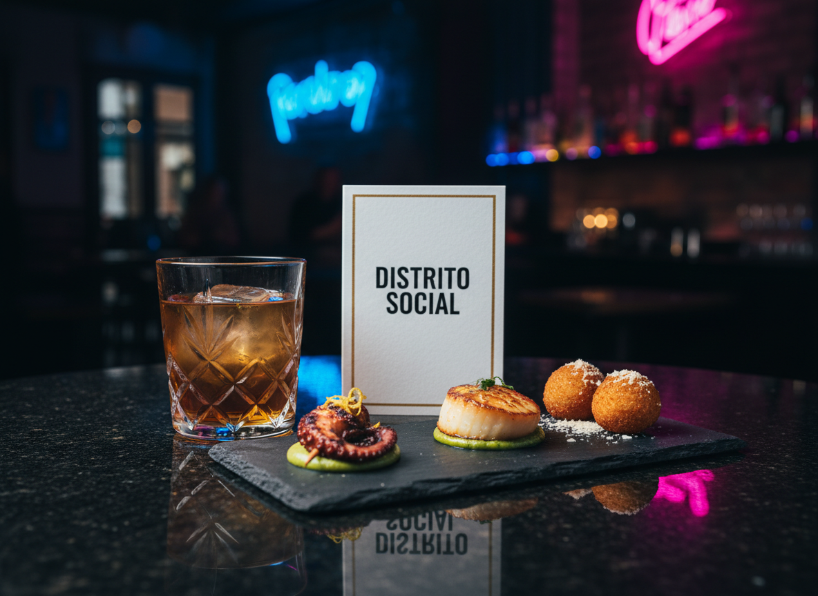 A glossy black granite table set with a curated spread of city nightlife icons: a crystal tumbler with an amber cocktail and a single clear ice cube, a slate board with three artfully plated tapas, and a chic card labeled “DISTRITO SOCIAL” in bold white lettering. In the background, out-of-focus neon signs and illuminated bar shelves glow in electric blues and deep magentas. Dramatic, low-key lighting from the side creates crisp reflections on the granite and subtle highlights along glass edges. Shot at eye level with a shallow depth of field, the composition feels bold, modern, and cinematic, embodying an upscale urban guide in photographic realism.